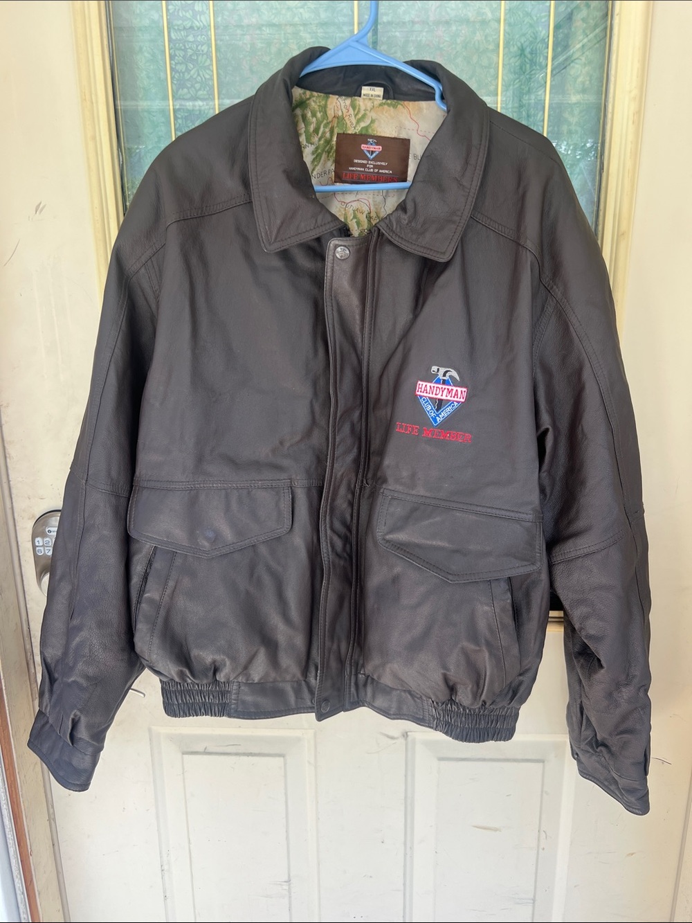 VTG Handyman Club of America Life Member Leather Bomber Jacket XXL Map Lining